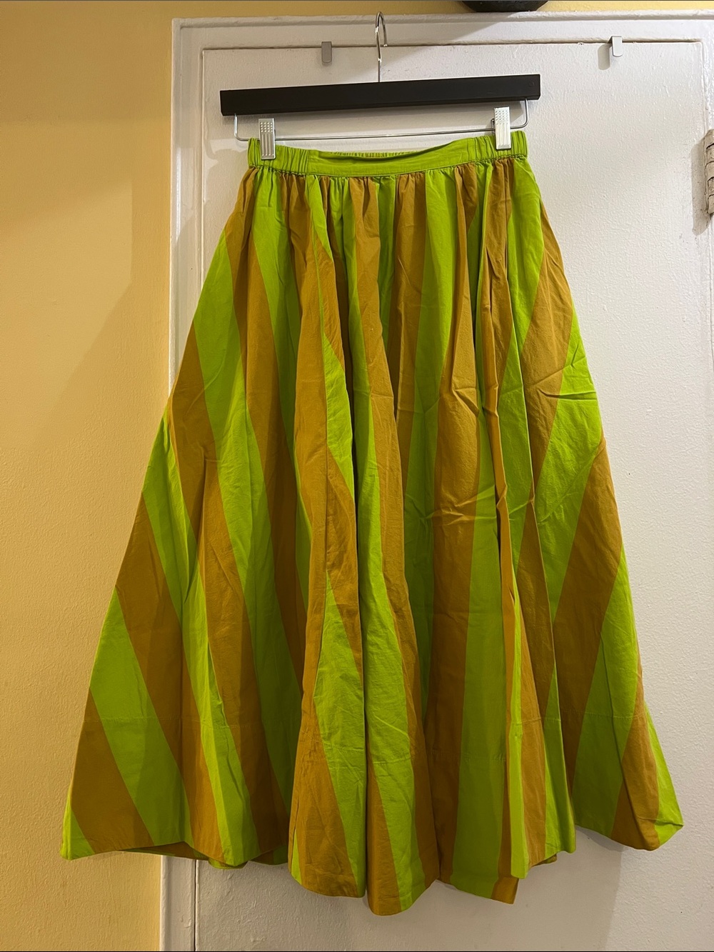 Free People Lime Green and Mustard Striped Full Midi Skirt